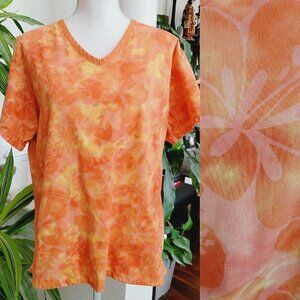 Vintage Landau Scrub Top Tie-Dye Orange Yellow Floral Size Medium Medical Nurse